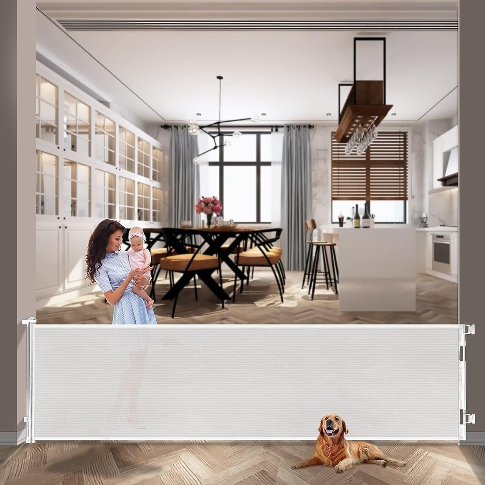 Dearlomum 140" Extra Wide Retractable Baby Safety Gate Mesh Large Dog White